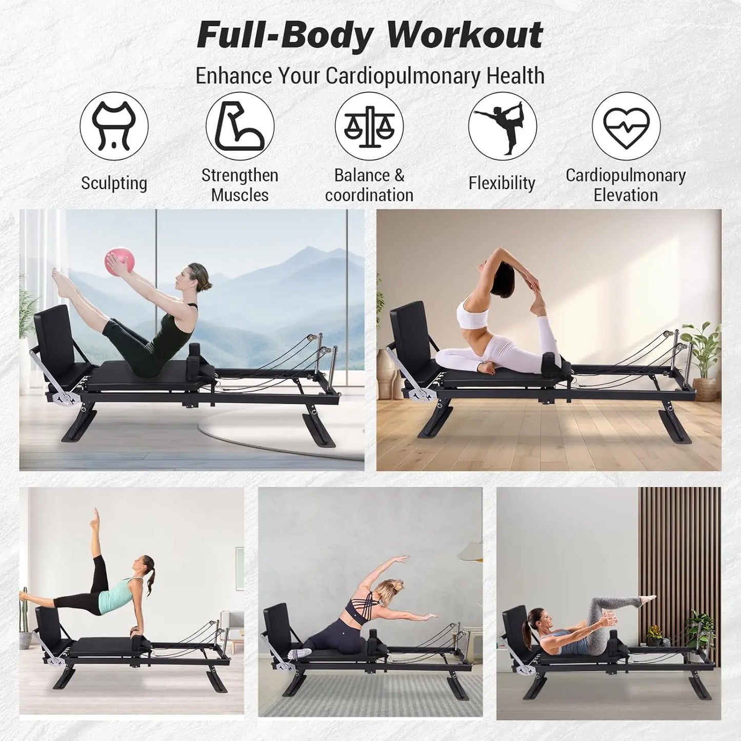 Foldable Reformer Pilates Machine with Adjustable Heights