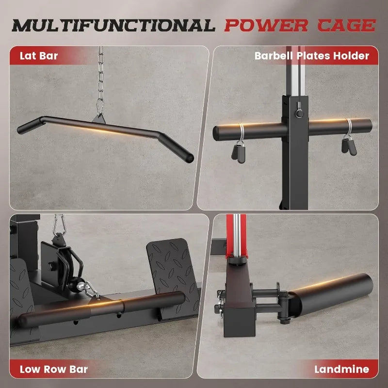 All-in-One Power Cage Squat Rack with LAT Pulldown, Cable Machine