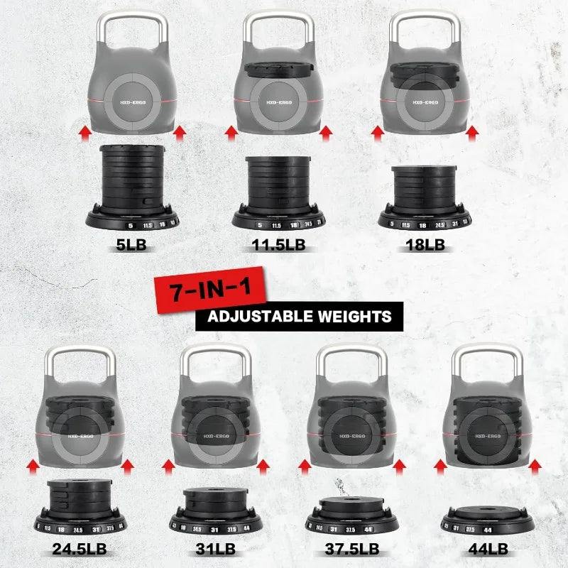 7-in-1 Adjustable Kettlebell, Quick-Adjust Kettlebell 5-44 LBS Adjustable Weights