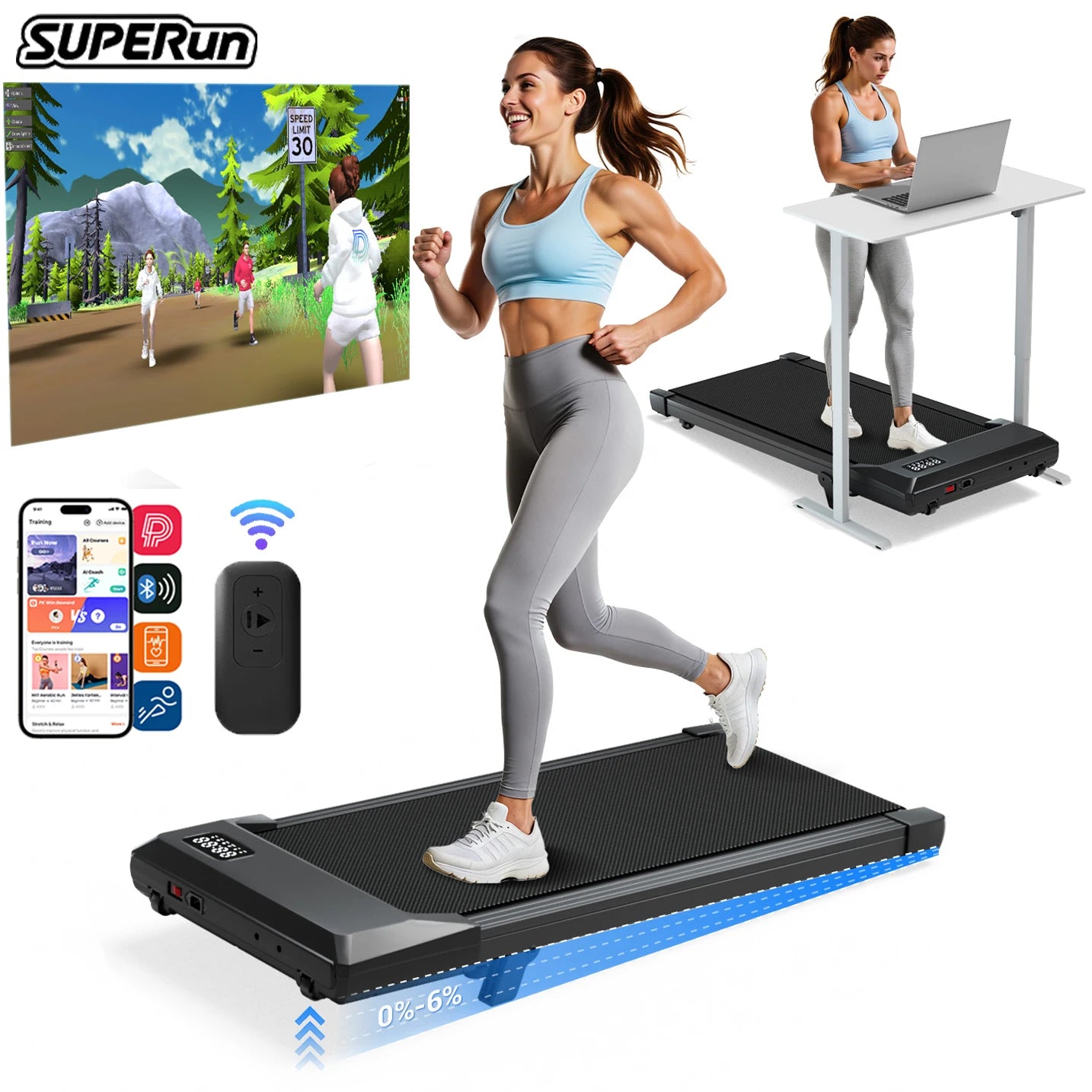 Foldable 6% Slope Treadmill 2.5 HP Quiet Walking Pad 300LBS