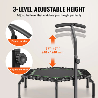 Mini Trampoline 54.5Inch w/ 3 Levels Height Adjustable Foam Handle
