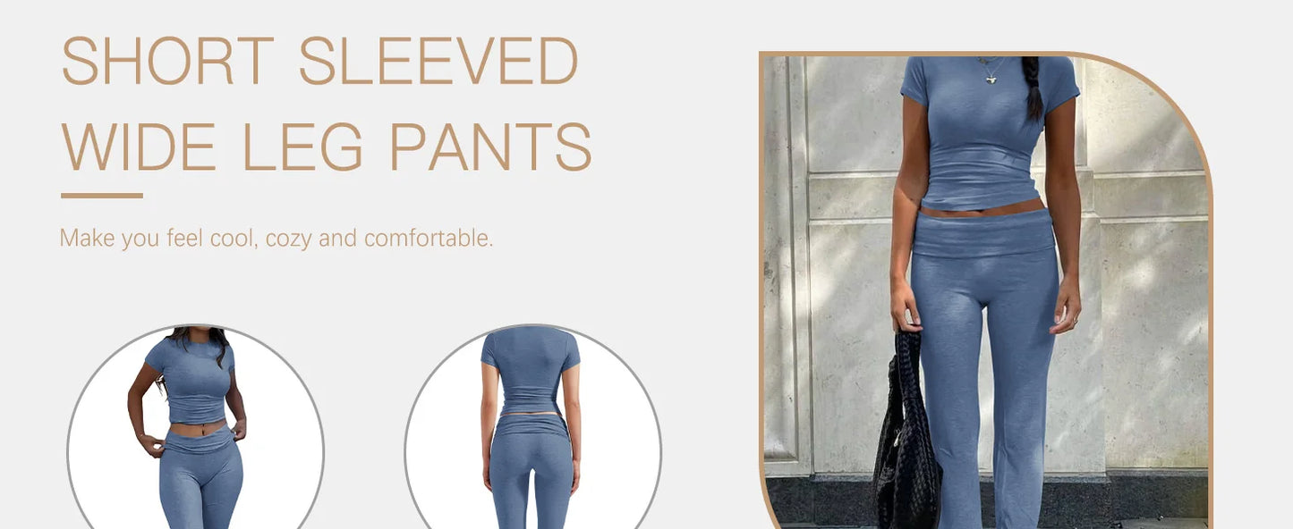 Women's two-piece sports leisure yoga set, short-sleeved cuffed flared trousers, short-sleeved top sports set