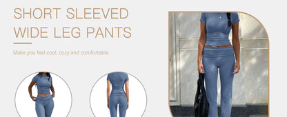 Women's two-piece sports leisure yoga set, short-sleeved cuffed flared trousers, short-sleeved top sports set