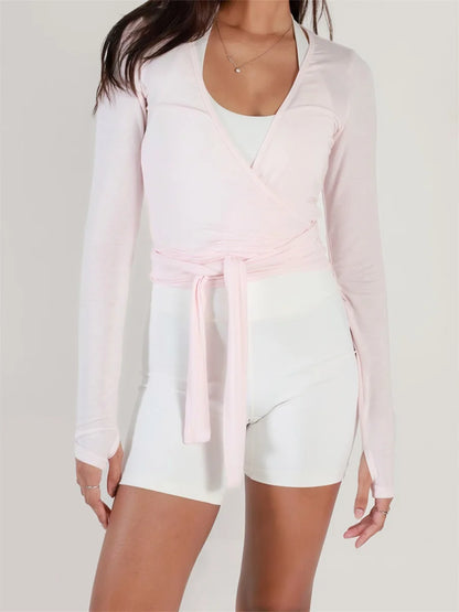 Women's Ballet Wrap Tops Solid Long Sleeve