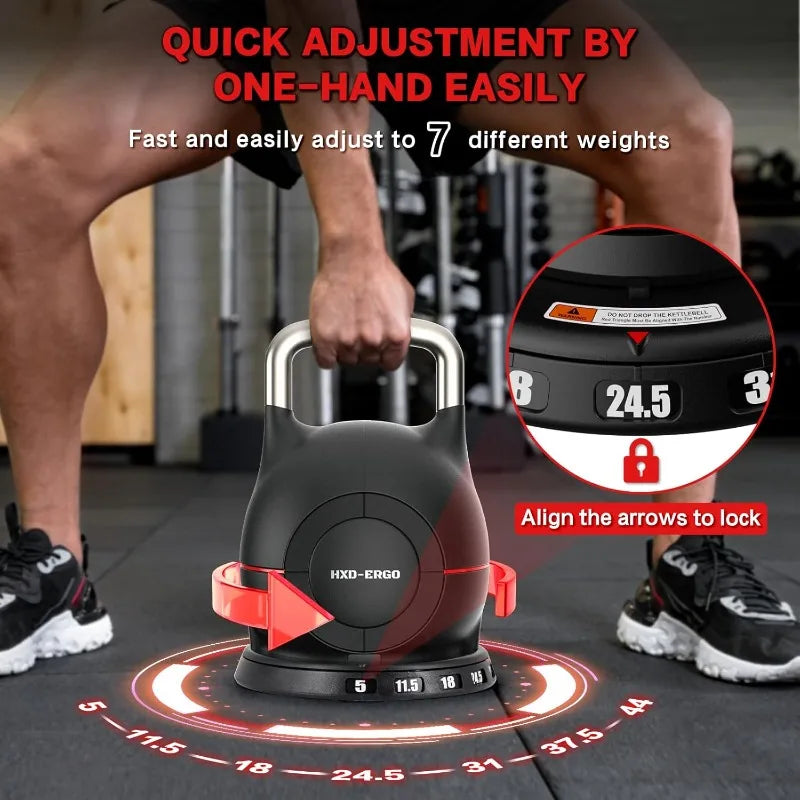 7-in-1 Adjustable Kettlebell, Quick-Adjust Kettlebell 5-44 LBS Adjustable Weights