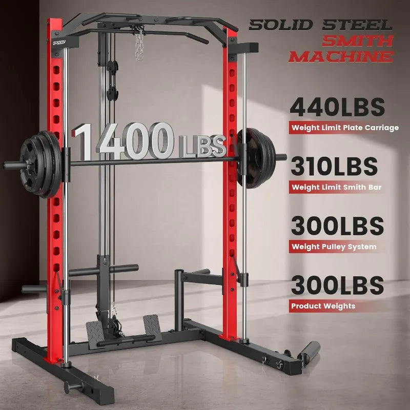 All-in-One Power Cage Squat Rack with LAT Pulldown, Cable Machine