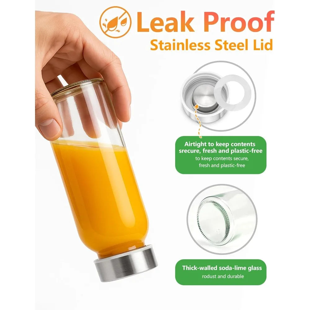 Glass Water Bottles with Lids 10 oz, Reusable