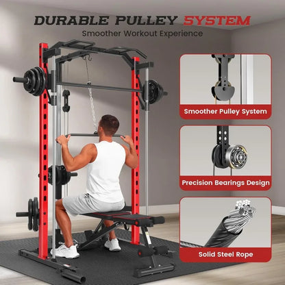 All-in-One Power Cage Squat Rack with LAT Pulldown, Cable Machine