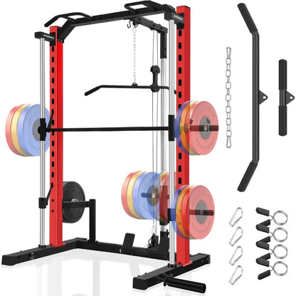 All-in-One Power Cage Squat Rack with LAT Pulldown, Cable Machine