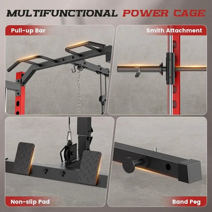 All-in-One Power Cage Squat Rack with LAT Pulldown, Cable Machine