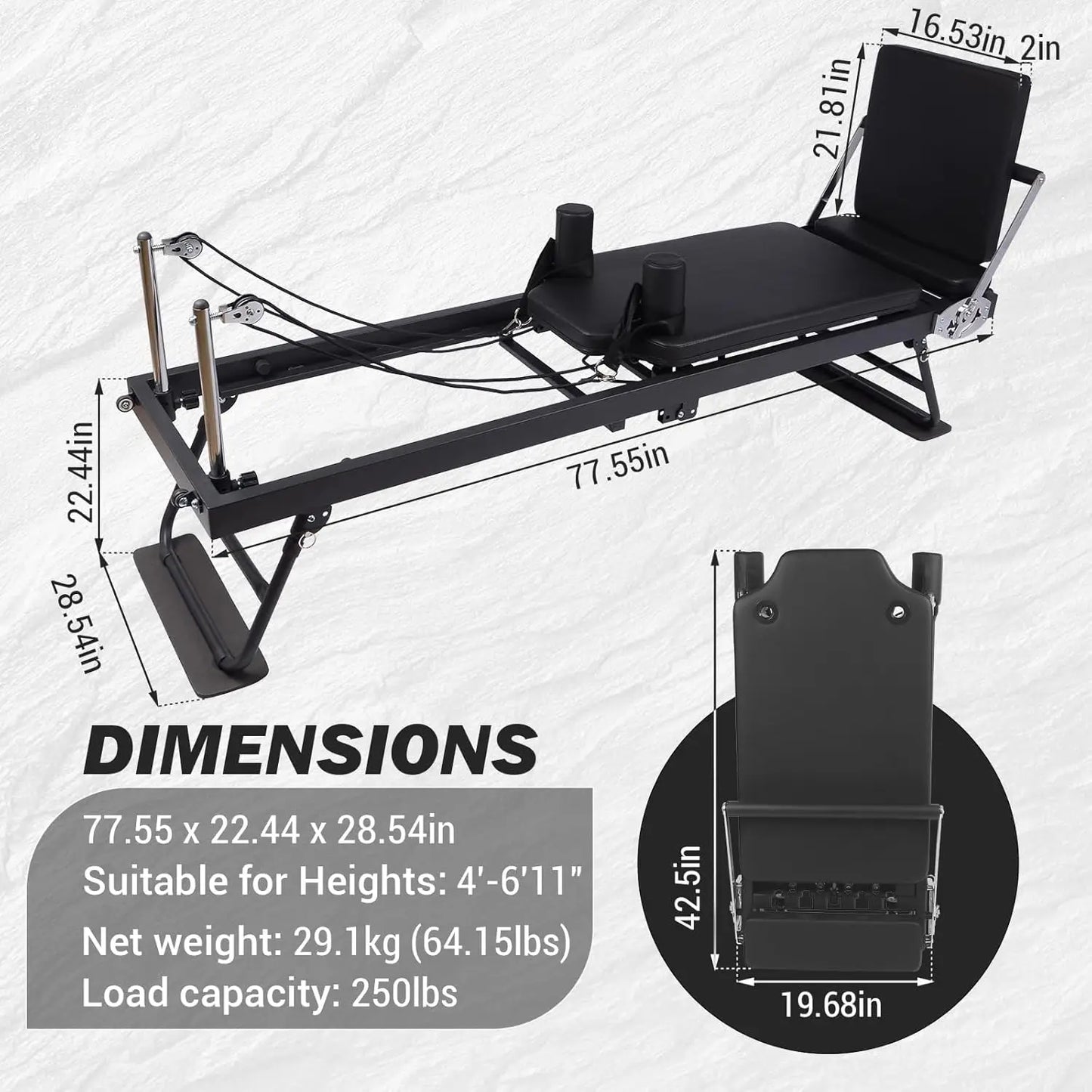 Foldable Reformer Pilates Machine with Adjustable Heights