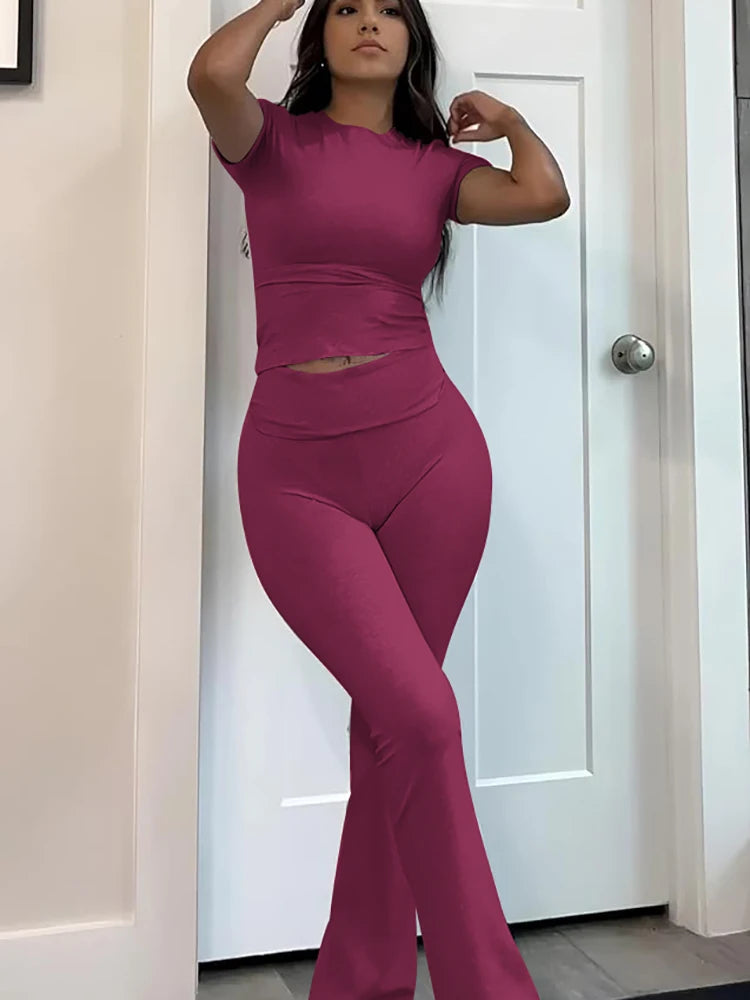 Women's two-piece sports leisure yoga set, short-sleeved cuffed flared trousers, short-sleeved top sports set