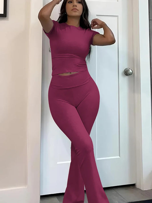 Women's two-piece sports leisure yoga set, short-sleeved cuffed flared trousers, short-sleeved top sports set